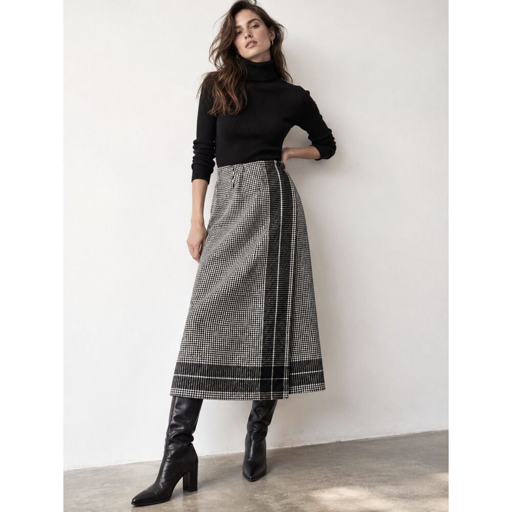 Vintage Liz Claiborne Lizsport Houndstooth Wrap Midi Skirt Size 10 Wool Blend